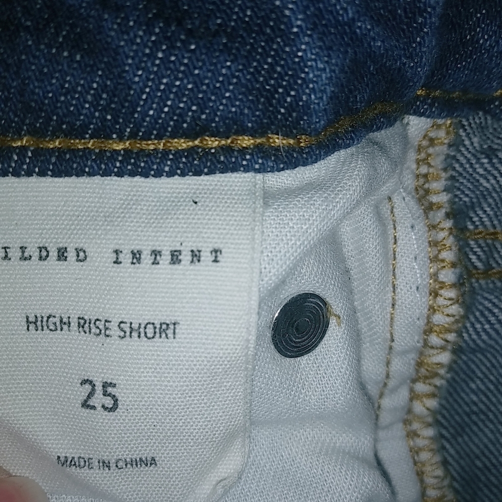 Gilded Intent 25 High Rise Distressed Dark Wash Raw Hem Jeans Shorts - Picture 3 of 9